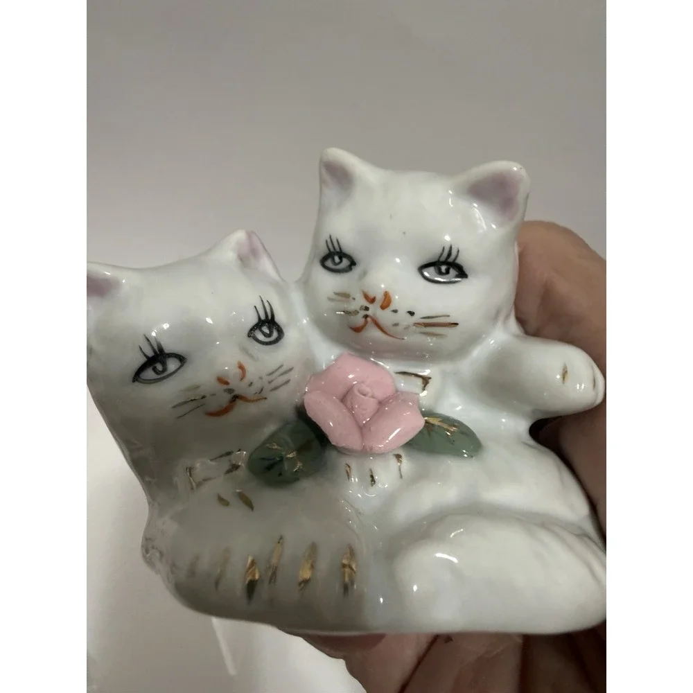 Vintage White Kittens Cuddling with Hand Painted Face‎ and Gold Trim Accents